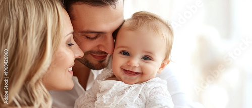 A happy young family, holding a smiling baby in their arms, tenderly embraces one another, making the perfect atmospheric backdrop for family projects.