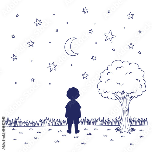 Boy Gazing at the Night Sky with Moon Stars and a Lonely Tree Digital Art Illustration