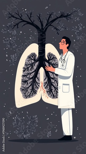 The doctor closely examines the damaged lungs, which resemble a black tree with red veins, highlighting the dangers of smoking, and serves as the main backdrop for health campaigns.