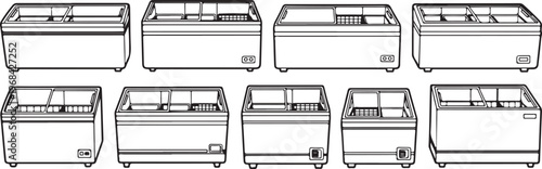 Line drawing of various types of shipping containers and cargo boxes Vector