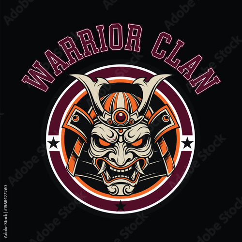 Warrior clan logo with samurai mask and axe on black background tshirt design