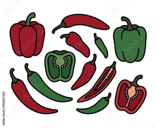 Stylized collection of red and green peppers including bell and chili varieties shown whole and sliced with seeds on plain white background representing culinary diversity and food illustration
