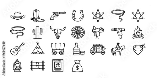 line icon collection of wild west elements, cowboy gear, western frontier symbols, and desert landscape objects in vintage monoline style.