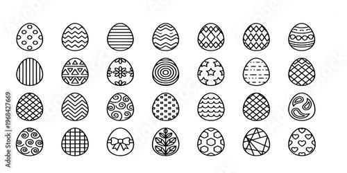 line icon collection of decorative easter eggs featuring various geometric patterns, floral designs, and festive ornaments in minimalist outline style.