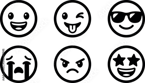 Line art emoji faces set with happy wink sunglasses crying angry and starstruck expressions