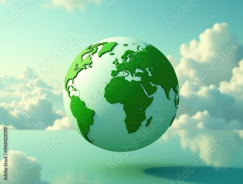 A green globe suspended in the air surrounded by clouds, ideal for environmental or technology-related themes
