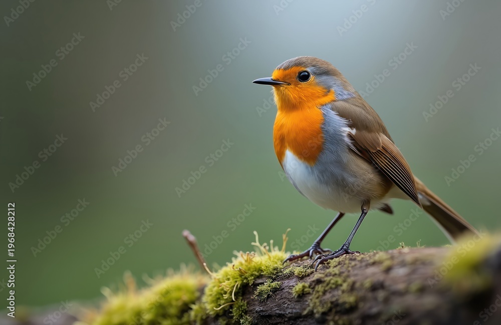 Fototapeta premium European robin perched on mossy branch. Small passerine bird with orange breast, grey and brown plumage sits alertly outdoors. Wildlife detail in soft green background.