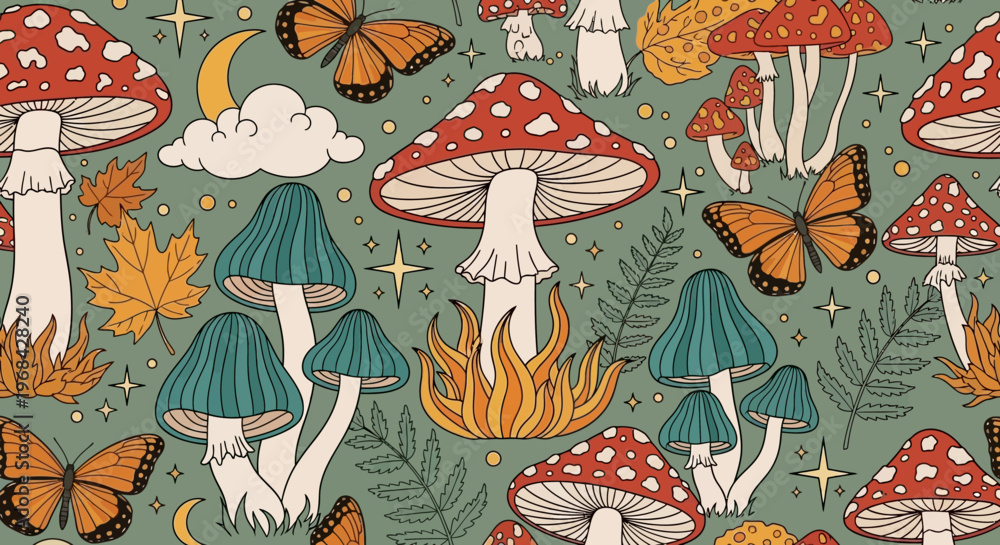 Obraz premium Groovy 70s Vintage Mushroom and Butterfly Seamless Pattern, Mystical Retro Hippie Aesthetic Background with Fly Agaric, Moon, and Stars for Fabric and Wallpaper Design