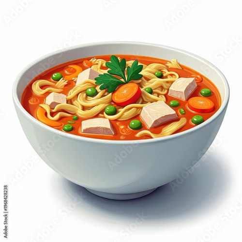 White bowl filled with chicken noodle soup, featuring chunks of chicken, peas, carrots, and noodles in savory broth. Simple, comforting meal, perfect for quick lunch or dinner.