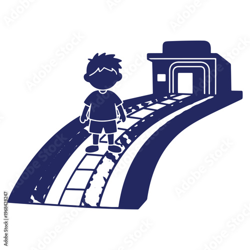 Child on a railroad track with a tunnel illustration representing childhood dreams and future adventures