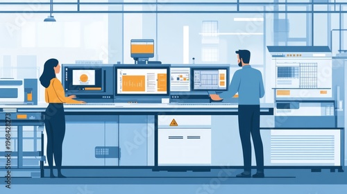 A woman in a yellow blouse and a bearded man are working at a control panel in a modern workshop, providing an atmospheric backdrop for industrial training.