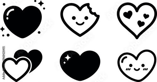 Vector hearts set with cute black line art hearts