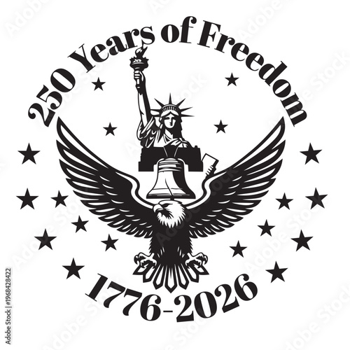 A black-and-white design featuring the U.S. seal with "250" marking the 250th anniversary of U.S. independence. The design includes the eagle, "E Pluribus Unum," and is suitable for engraving or print