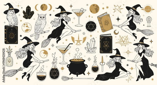 Witchcraft and Mystical Occult Clipart Set with Witches on Brooms, Celestial Stars, Crystals, Moons, and Magic Potions in Elegant Black and Gold