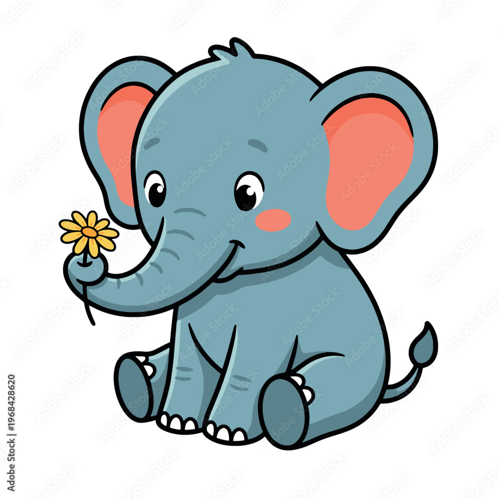Fototapeta premium Cute cartoon baby elephant sitting with pink ears holding yellow flower illustration