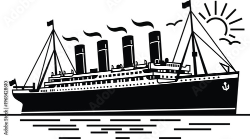 Classic monochrome illustration of a majestic vintage ocean liner navigating the sea. Ideal for maritime history, nostalgic cruise travel, and retro nautical themes.