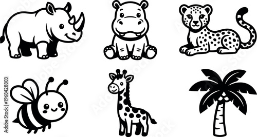 Line art animal characters rhino hippo cheetah bee giraffe and palm tree