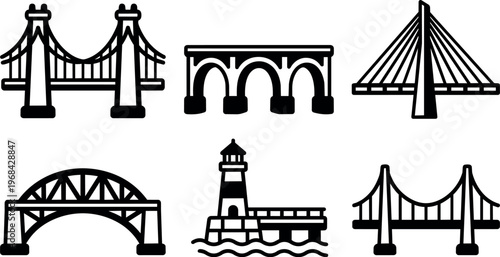Multiple bridges and a lighthouse in a coastal harbor scene