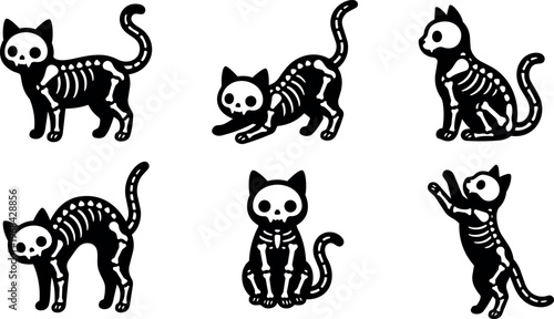 Vector art six black cat skeletons in playful poses