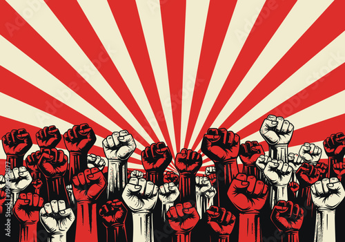 Revolutionary Protest Illustration with Clenched Fists and Sunburst Background - Retro Propaganda Style Poster for Social Justice and Labor Rights