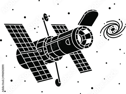 Minimalist vector graphic of a space telescope orbiting in the cosmos. Ideal for science, astronomy, deep space exploration, and futuristic technology themes.