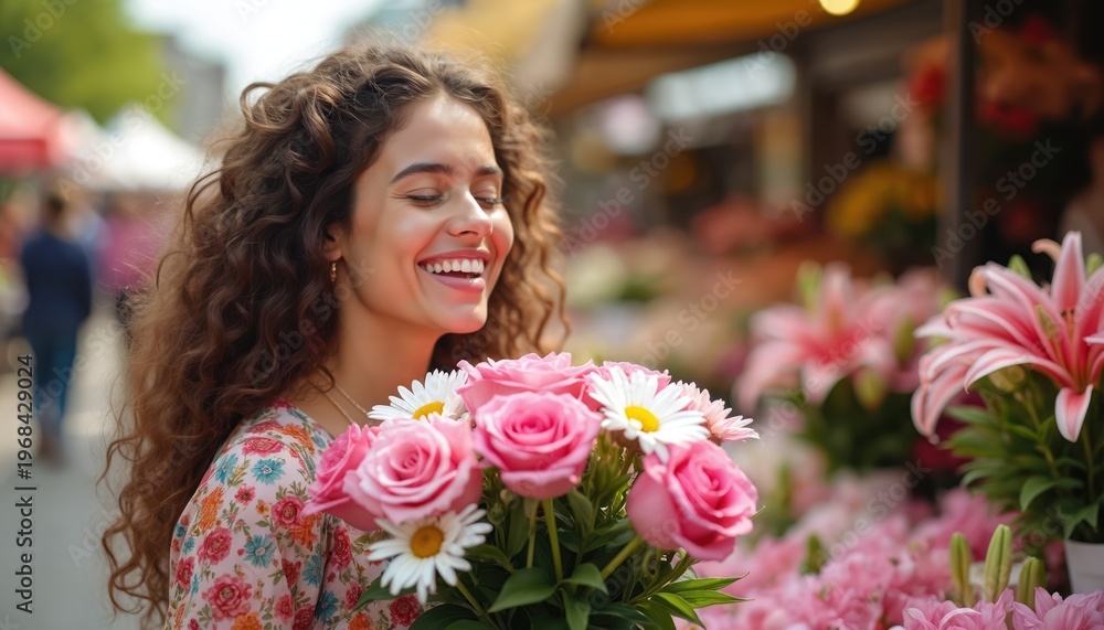 Fototapeta premium Woman enjoys flowers at outdoor market. She holds bouquet of pink roses and daisies. People walk by stalls filled with colourful blooms. Sunny day in city.