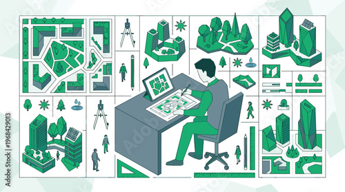 An isometric pixel art illustration depicts a creative architect meticulously designing a sustainable green city plan at a desk, surrounded by models of parks and buildings.