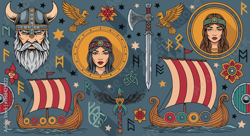 Norse Viking Mythology Illustration Set with Warrior, Longship, Axe, Runes, and Shield-Maiden Portraits in Vintage Style