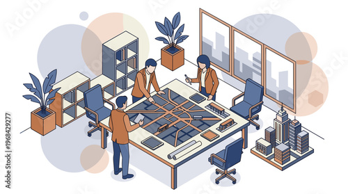 A team of professional architects and urban planners diligently collaborates around a large conference table featuring a detailed 3D city model in a modern, sunlit office.
