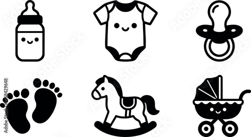 Vector line icons baby essentials set with bottle onesie pacifier footprints rocking horse stroller