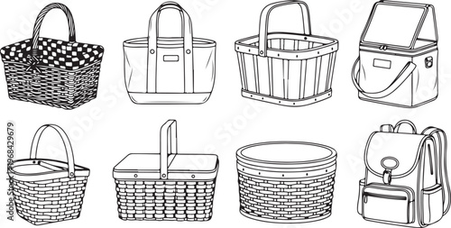Various types of wicker baskets and containers for storage and organization Vector