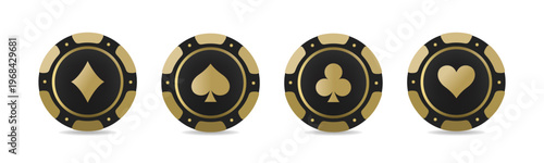 Set of gold and black poker chips. Diamonds, clubs, hearts, spades. Vector illustration for casino, game design, flyer, poster, banner, web, advertising.