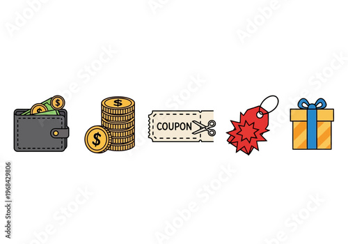 Five icons representing commerce wallet coins coupon tag and gift box