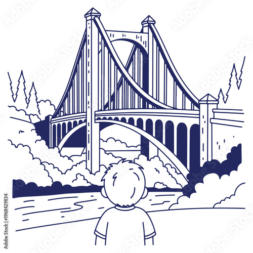 Illustration of a boy admiring a majestic suspension bridge over a river with natural surrounding beauty and artistic rendering