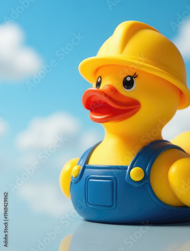 A rubber ducky dressed as a construction worker with a hard hat and overalls