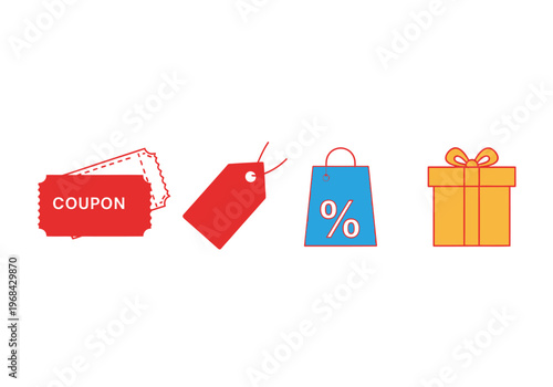 Four graphic icons representing retail promotions coupon tag bag with percent sign and gift box