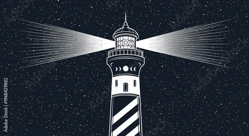 Stylized Lighthouse Illustration with Beams of Light and Starry Night Sky - Vector Graphic for Navigation, Hope, and Guidance
