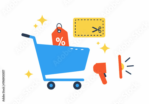 Shopping cart with discount tag coupon megaphone and scanner icons