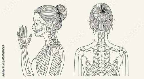 Minimalist Female Human Anatomy Illustration Showing Skeleton, Spine, and Bone Structure in Side and Back View - Educational Line Art Drawing