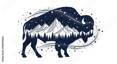 Majestic Bison Silhouette Double Exposure with Mountains, Forest and Starry Night Sky Vector Illustration