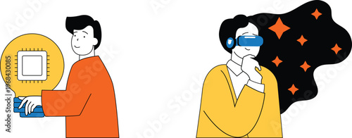 Person sharing a glowing processor chip with another wearing futuristic virtual reality headset and space backdrop