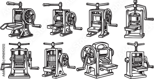 Historical mechanical devices with intricate gear mechanisms and structural designs Vector