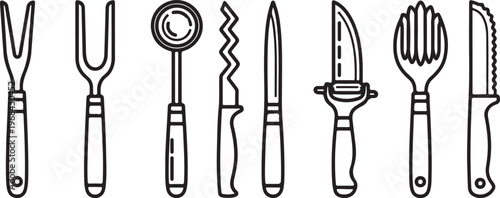 Illustration of various hand tools with detailed line drawings Vector