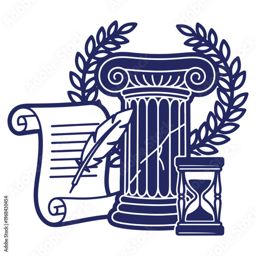 Law and Time Symbol with Ancient Column Feather Pen and Scroll for Legal Concepts and Historical Perspective in Dark Blue