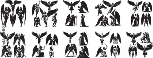 A set of black silhouettes featuring angels and humans in different interactions, ideal for design and artistic projects.