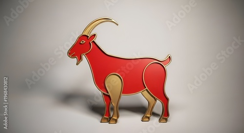 Red goat illustration, cartoon animal, gold accents, decorative design