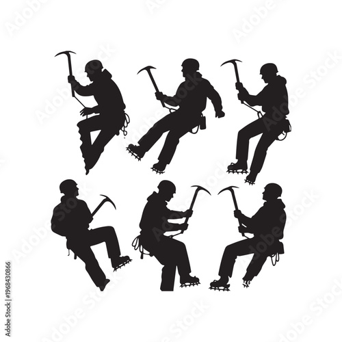  Collection Of Black Silhouette Icons Featuring Mountaineers Climbing With Ice Axes Equipment. 