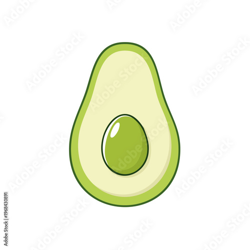 Simple illustration of a halved avocado with its pit and skin on a white background
