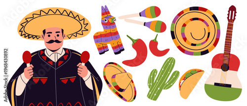 colorful and festive illustration celebrates Cinco de Mayo. The bright and playful design perfectly captures the joyful spirit of the celebration, making it ideal for marketing materials, event promot