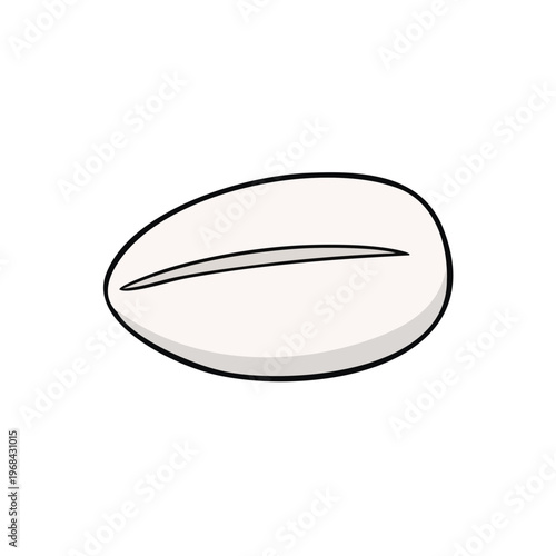 Simple cartoon illustration of a white oval shaped pill with a single dividing line representing medicine or a supplement